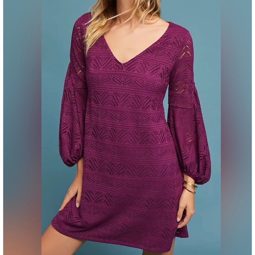 Maeve Anthropologie Laila Purple Lace Balloon Sleeve V-Neck Mini Dress Small EUC